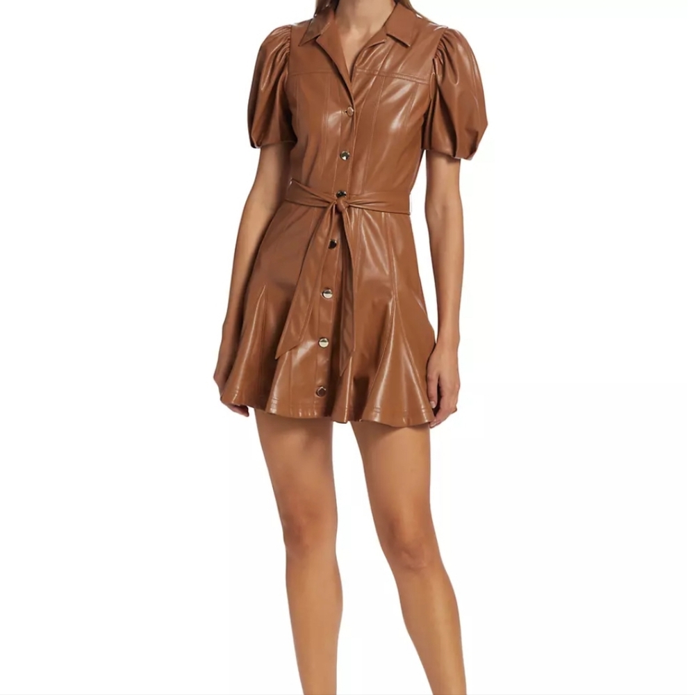 Alice + Olivia Brown Puff Sleeve Mini Dress Ofra Vegan Leather $465 NWT